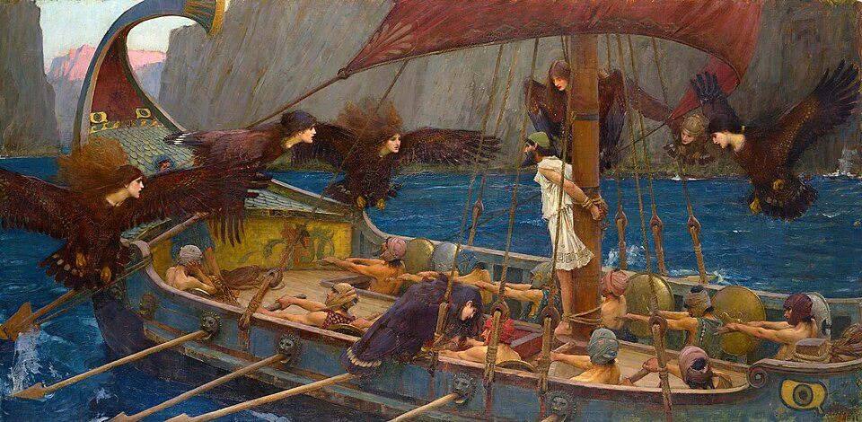 Odysseus tied to the mast as the sirens try to lure him as his men to their deaths